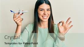  Presentation with airplane - Amazing presentation theme having young-hispanic-woman-holding-airplane backdrop and a mint green colored foreground