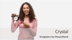  Presentation with alarm - Theme featuring young hispanic woman holding alarm background and a light gray colored foreground