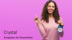  Presentation with happy young student girl holding - Audience pleasing slide deck consisting of young hispanic woman holding alarm backdrop and a  colored foreground
