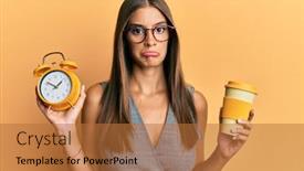  Presentation with sad woman - PPT theme consisting of young-hispanic-woman-holding-alarm background and a red colored foreground