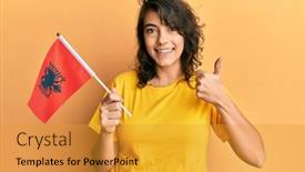  Presentation with albania - Cool new slide deck with young-hispanic-woman-holding-albania backdrop and a gold colored foreground