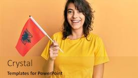  Presentation with confident young hispanic woman - Beautiful PPT theme featuring young-hispanic-woman-holding-albania backdrop and a gold colored foreground