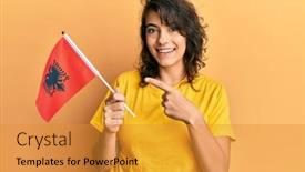  Presentation with albania - Theme having young-hispanic-woman-holding-albania background and a gold colored foreground