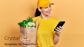  Presentation with bag - PPT theme enhanced with young-hispanic-woman-holding-bag background and a gold colored foreground