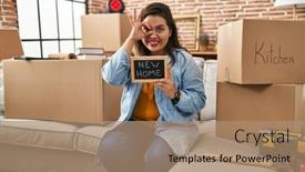  Presentation with new home - Presentation with young-hispanic-woman-holding-blackboard background and a  colored foreground