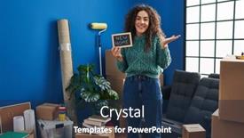  Presentation with new home - Presentation theme featuring young-hispanic-woman-holding-blackboard background and a  colored foreground