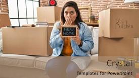  Presentation with new home - Presentation design having young-hispanic-woman-holding-blackboard background and a  colored foreground