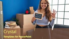  Presentation with new home - Presentation theme having young-hispanic-woman-holding-blackboard background and a  colored foreground