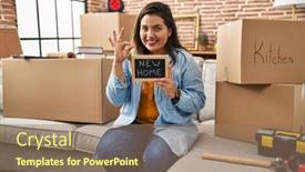  Presentation with new home - Presentation design featuring young-hispanic-woman-holding-blackboard background and a  colored foreground