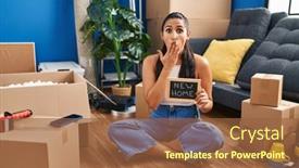  Presentation with new home - Slide deck consisting of young-hispanic-woman-holding-blackboard background and a  colored foreground