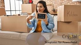  Presentation with new home - Presentation design consisting of young-hispanic-woman-holding-blackboard background and a  colored foreground