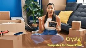  Presentation with new home - Slide deck with young-hispanic-woman-holding-blackboard background and a  colored foreground