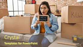  Presentation with new home - Presentation theme enhanced with young-hispanic-woman-holding-blackboard background and a  colored foreground