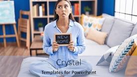  Presentation with new home - Presentation design featuring young-hispanic-woman-holding-blackboard background and a  colored foreground