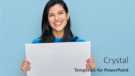  Presentation with confident young hispanic woman - Cool new slide deck with young-hispanic-woman-holding-blank backdrop and a light blue colored foreground