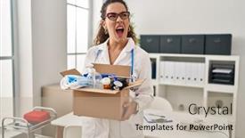  Presentation with medical concept - Theme consisting of young-hispanic-woman-holding-box background and a  colored foreground