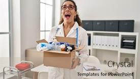  Presentation with box - Slide deck with young-hispanic-woman-holding-box background and a  colored foreground