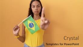  Presentation with brazil - PPT theme having young-hispanic-woman-holding-brazil background and a gold colored foreground