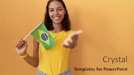 Presentation with hand palm - PPT layouts having young-hispanic-woman-holding-brazil background and a gold colored foreground