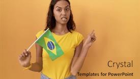  Presentation with forefinger - PPT theme featuring young-hispanic-woman-holding-brazil background and a gold colored foreground