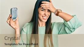  Presentation with canned food - Theme consisting of young-hispanic-woman-holding-canned background and a coral colored foreground