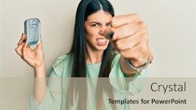  Presentation with canned food - PPT theme having young-hispanic-woman-holding-canned background and a mint green colored foreground