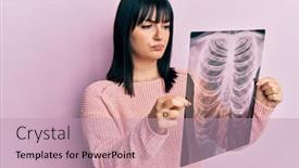  Presentation with chest - Amazing PPT theme having young-hispanic-woman-holding-chest backdrop and a coral colored foreground