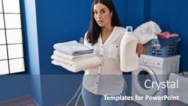  Presentation with laundry detergent - PPT layouts consisting of young-hispanic-woman-holding-clean background and a ocean colored foreground