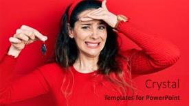  Presentation with hispanic - Cool new slide deck with young-hispanic-woman-holding-cockroach backdrop and a red colored foreground