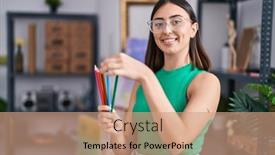  Presentation with color pencils - Slide set having young-hispanic-woman-holding-color background and a  colored foreground