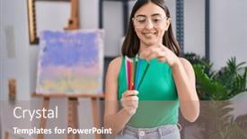 Presentation with color pencils - Presentation consisting of young-hispanic-woman-holding-color background and a  colored foreground