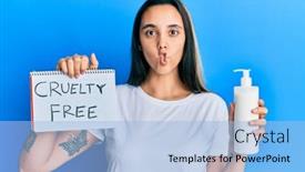 Presentation with cruelty - Slide deck featuring young-hispanic-woman-holding-cruelty background and a light blue colored foreground