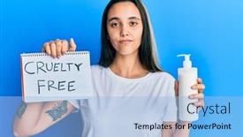  Presentation with cruelty - Cool new PPT theme with young-hispanic-woman-holding-cruelty backdrop and a light blue colored foreground