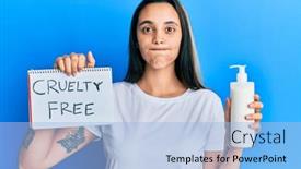  Presentation with cruelty - Colorful PPT theme enhanced with young-hispanic-woman-holding-cruelty backdrop and a light blue colored foreground