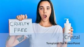  Presentation with cruelty - Slide deck featuring young-hispanic-woman-holding-cruelty background and a light blue colored foreground