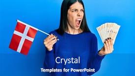  Presentation with denmark - PPT theme having young-hispanic-woman-holding-denmark background and a navy blue colored foreground