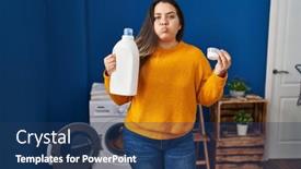  Presentation with puffing - PPT layouts with young-hispanic-woman-holding-detergent background and a ocean colored foreground