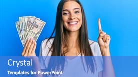  Presentation with questions question marks idea - Slides having young-hispanic-woman-holding-dollars background and a teal colored foreground