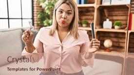  Presentation with puffing - Presentation design consisting of young-hispanic-woman-holding-eye background and a coral colored foreground