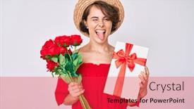  Presentation with anniversary - Theme consisting of young-hispanic-woman-holding-gift background and a red colored foreground