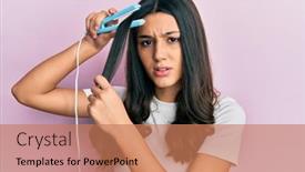  Presentation with hair - PPT theme featuring young-hispanic-woman-holding-hair background and a coral colored foreground