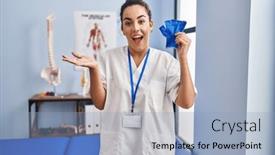  Presentation with support - PPT theme with young-hispanic-woman-holding-hand background and a light blue colored foreground