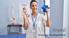  Presentation with support - Presentation design having young-hispanic-woman-holding-hand background and a light blue colored foreground