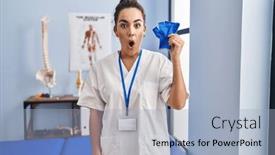  Presentation with support - Slide deck with young-hispanic-woman-holding-hand background and a light blue colored foreground