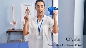  Presentation with support - Theme featuring young-hispanic-woman-holding-hand background and a light blue colored foreground