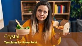  Presentation with fried chicken - Slide deck consisting of young-hispanic-woman-holding-healthy background and a  colored foreground