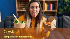  Presentation with fried chicken - Theme featuring young-hispanic-woman-holding-healthy background and a  colored foreground