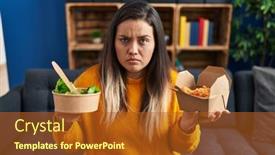  Presentation with fried chicken - Slide deck having young-hispanic-woman-holding-healthy background and a  colored foreground