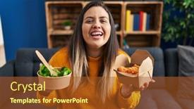  Presentation with fried chicken - Presentation having young-hispanic-woman-holding-healthy background and a  colored foreground