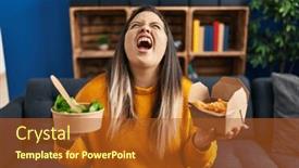  Presentation with fried chicken - Presentation design consisting of young-hispanic-woman-holding-healthy background and a  colored foreground